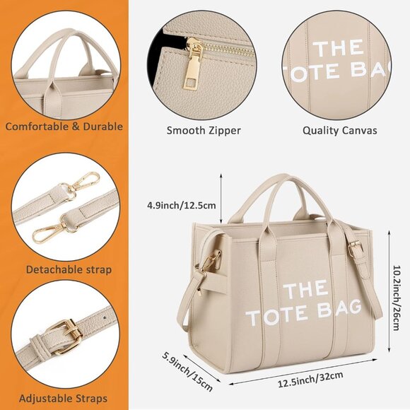 Women Pu-beige Personalized Canvas With Zipper Top-handle Crossbody Tote Handbag - Picture 5 of 6